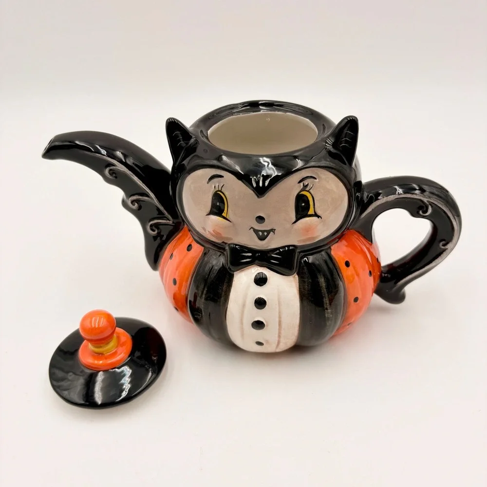 Johanna Parker Halloween Vampire Bat Pumpkin Ceramic Teapot Vintage Style